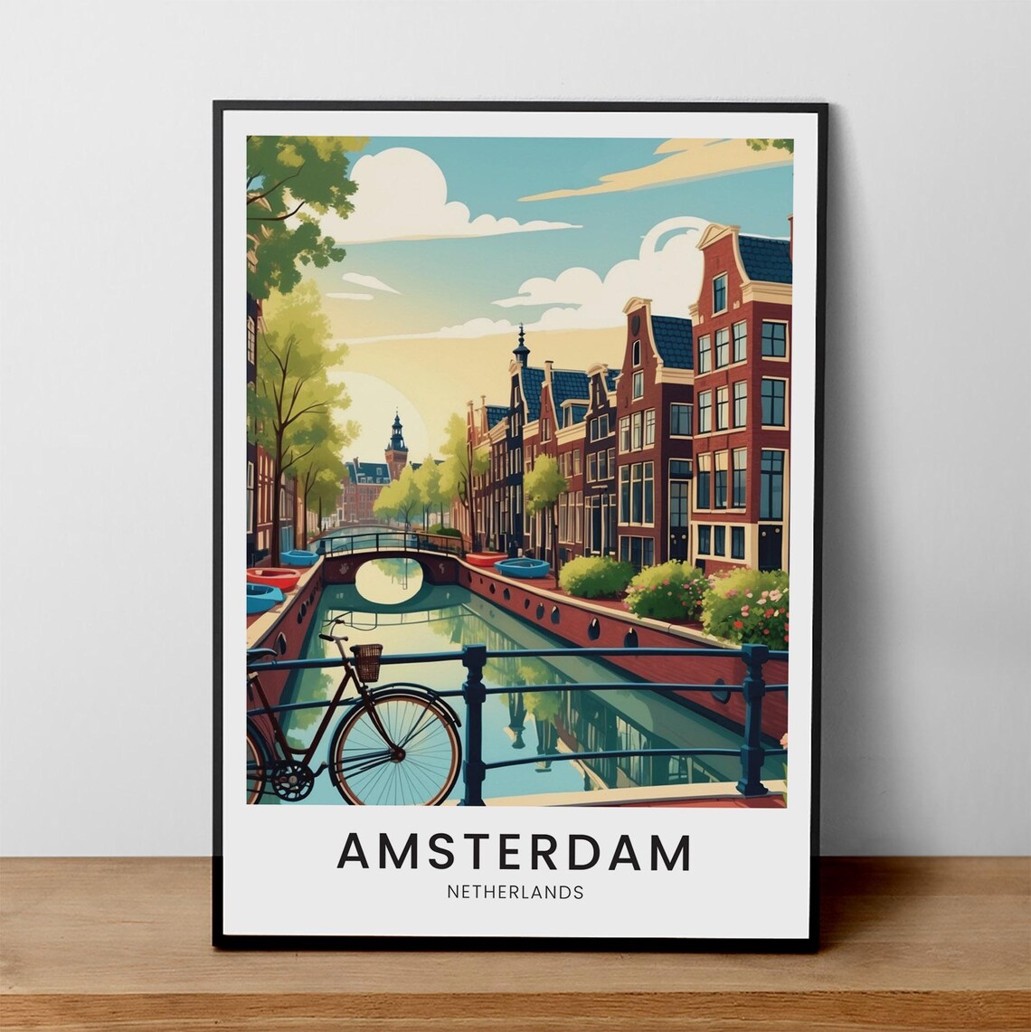 Amsterdam Canal Bicycle Bridge Houses Netherlands City Travel Poster