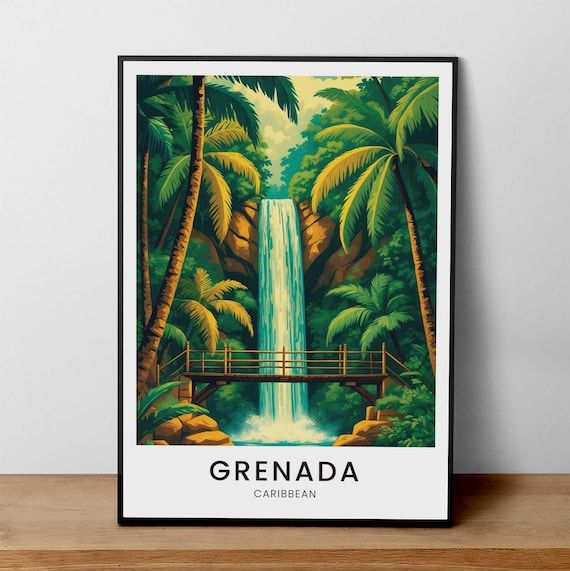 Grenada Caribbean Tropical Turquoise Waterfall Bridge Poster