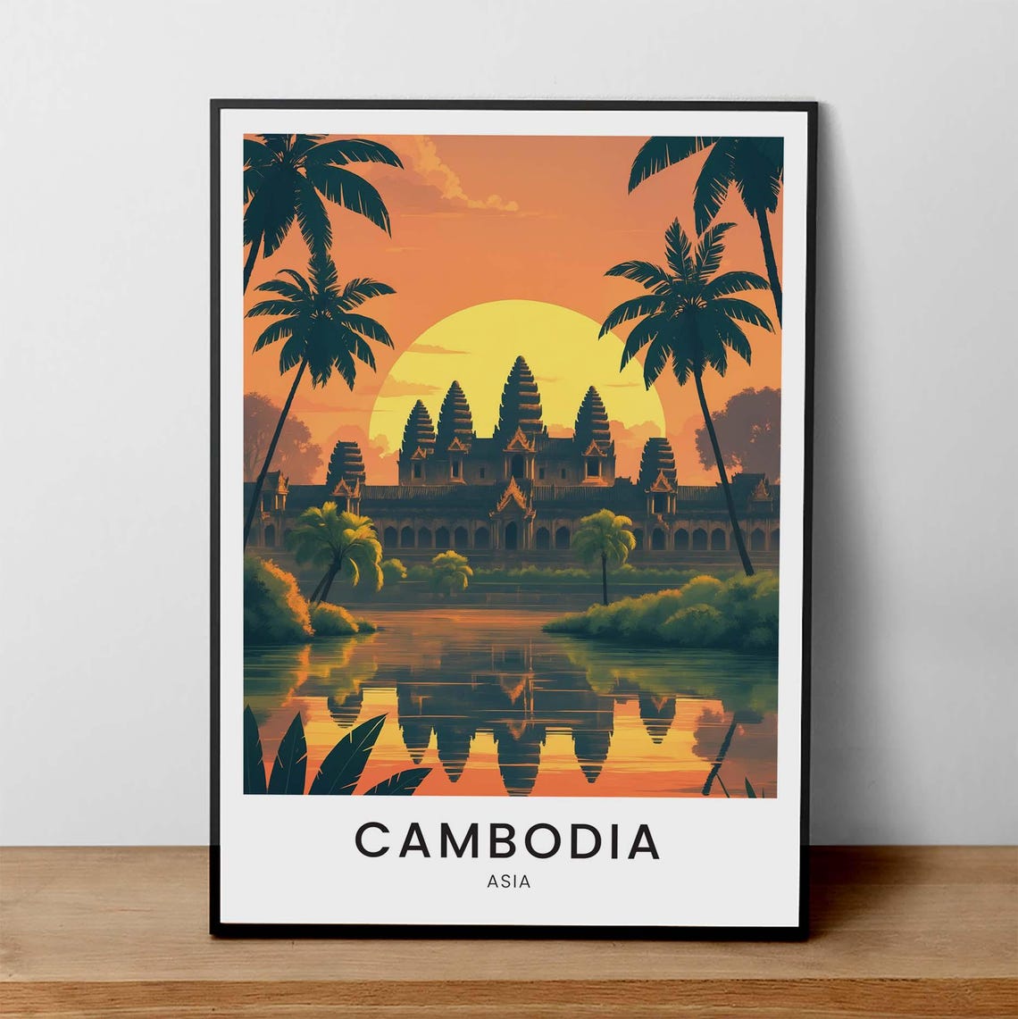 Angkor Wat Cambodia Sunset Temple Reflection Scenic Travel Poster