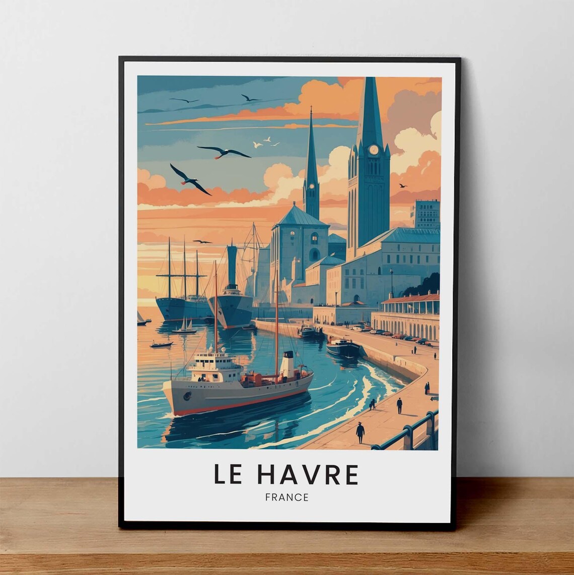 Le Havre France Sunset Harbor Ships Vintage Coastal Travel Poster