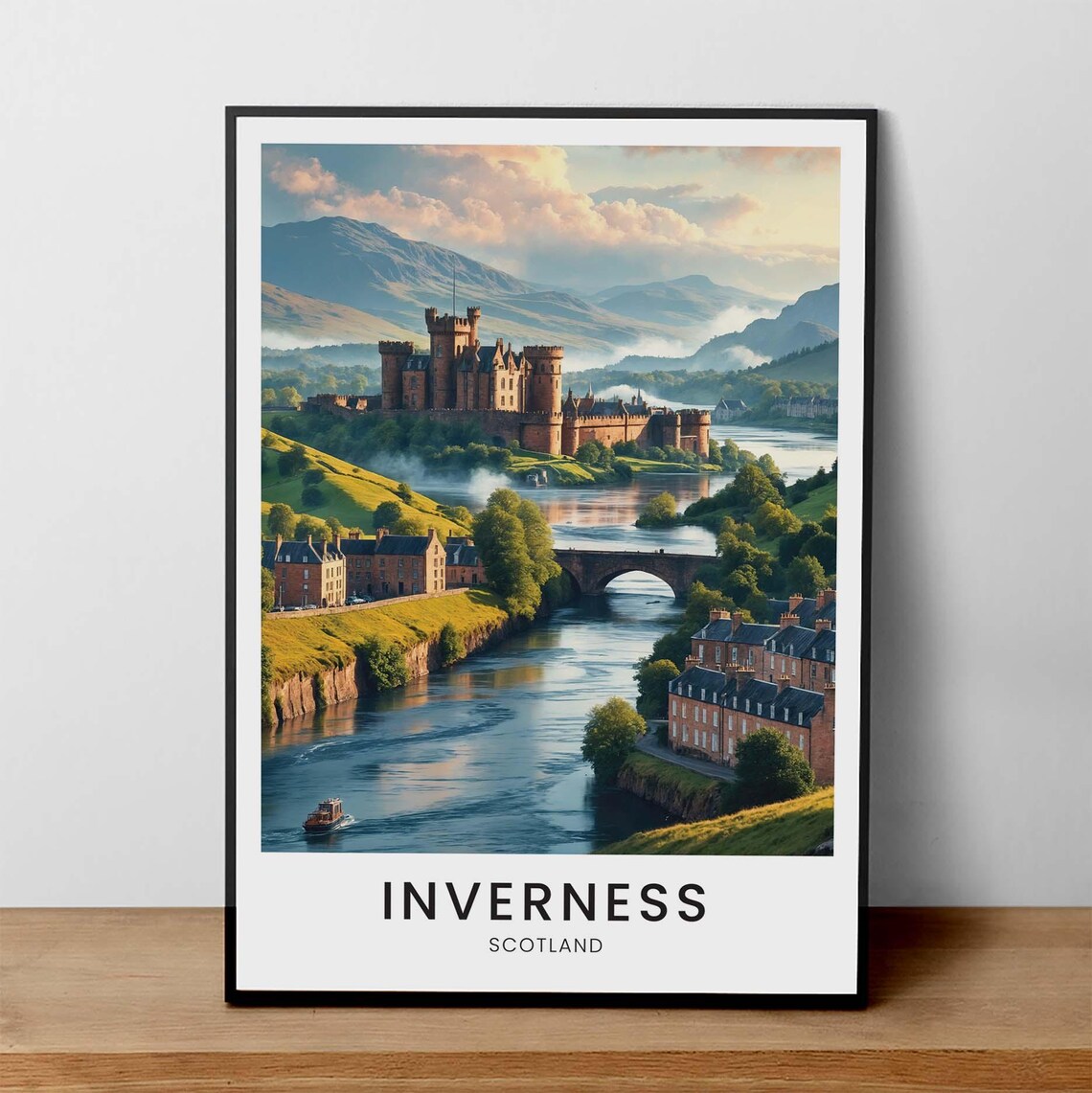 Inverness Scotland Castle River Ness Bridge Sunrise Travel Poster