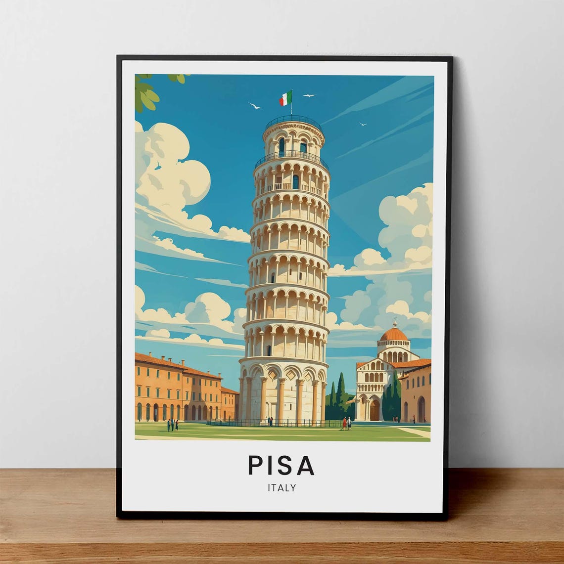Pisa Italy Leaning Tower Colorful Illustration Travel Poster