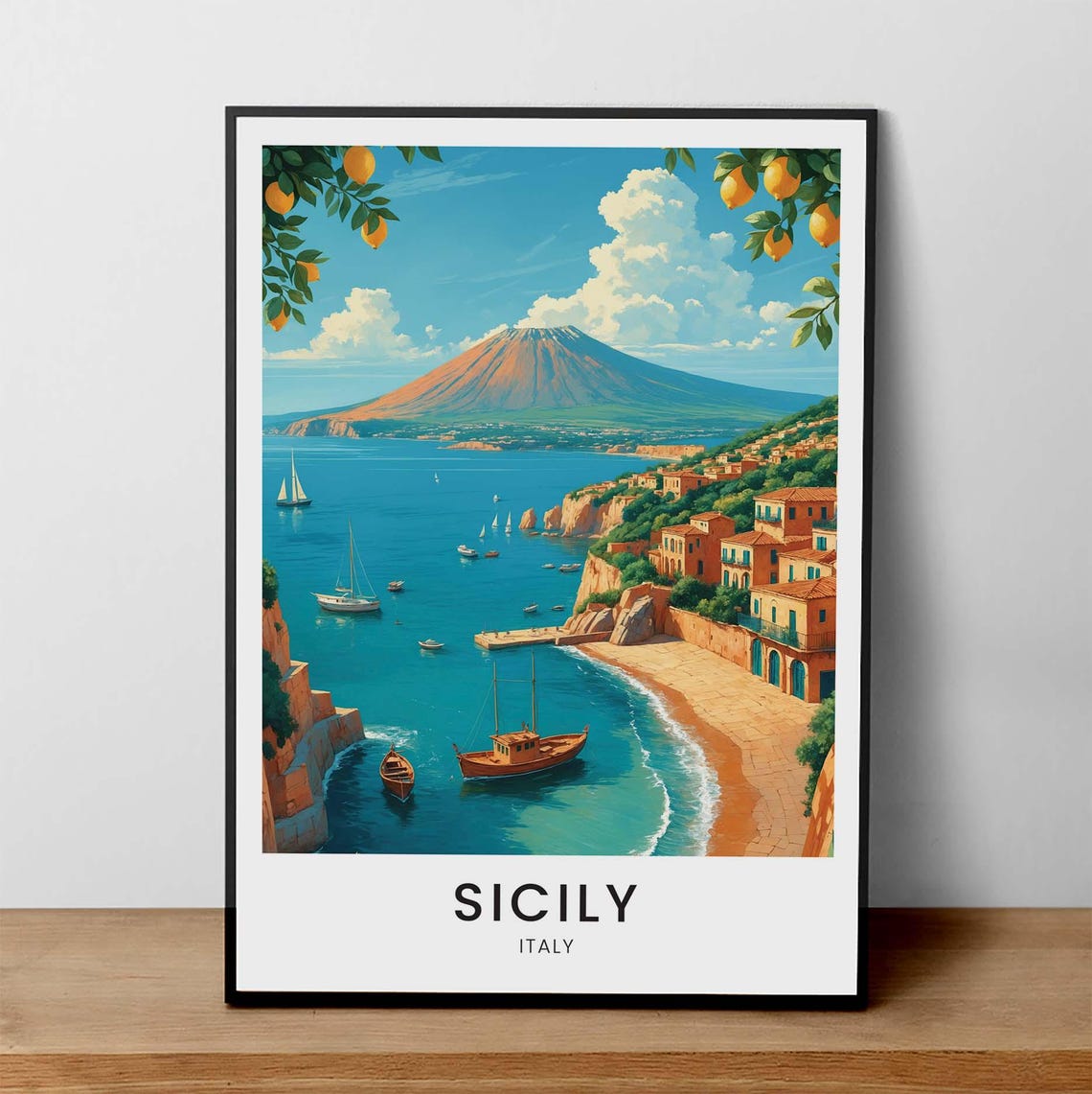 Sicily Italy Mount Etna Seaside Bay Vintage Illustration Travel Poster