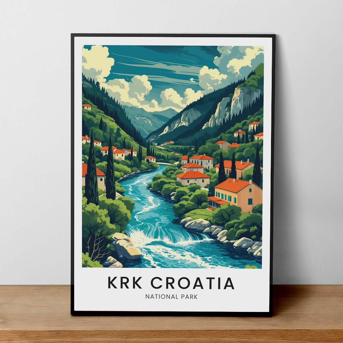 Krk Croatia Riverside Village National Park Vintage Travel Poster