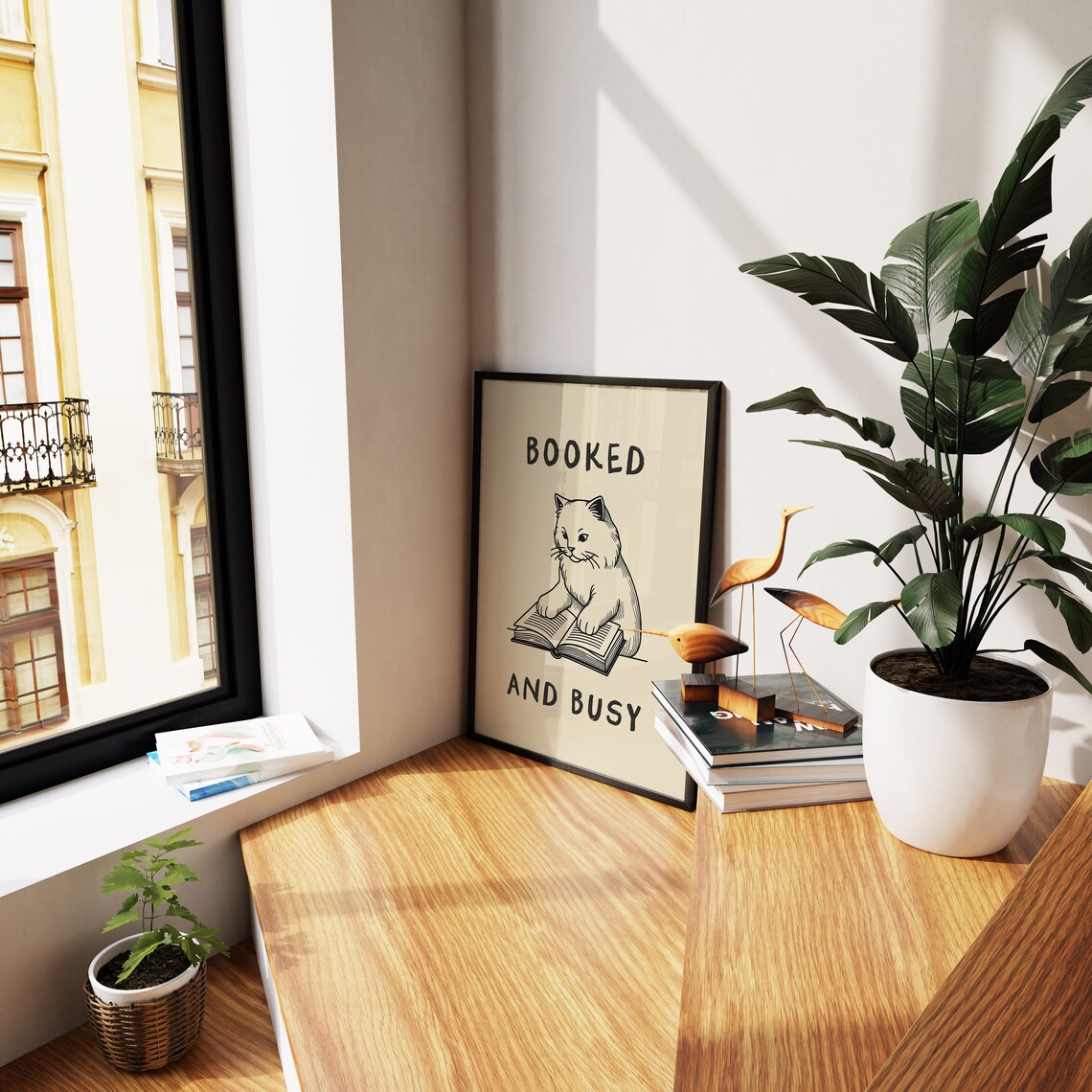 Booked and Busy Cute Cat Reading Book Funny Vintage Line Art Poster - Image 3