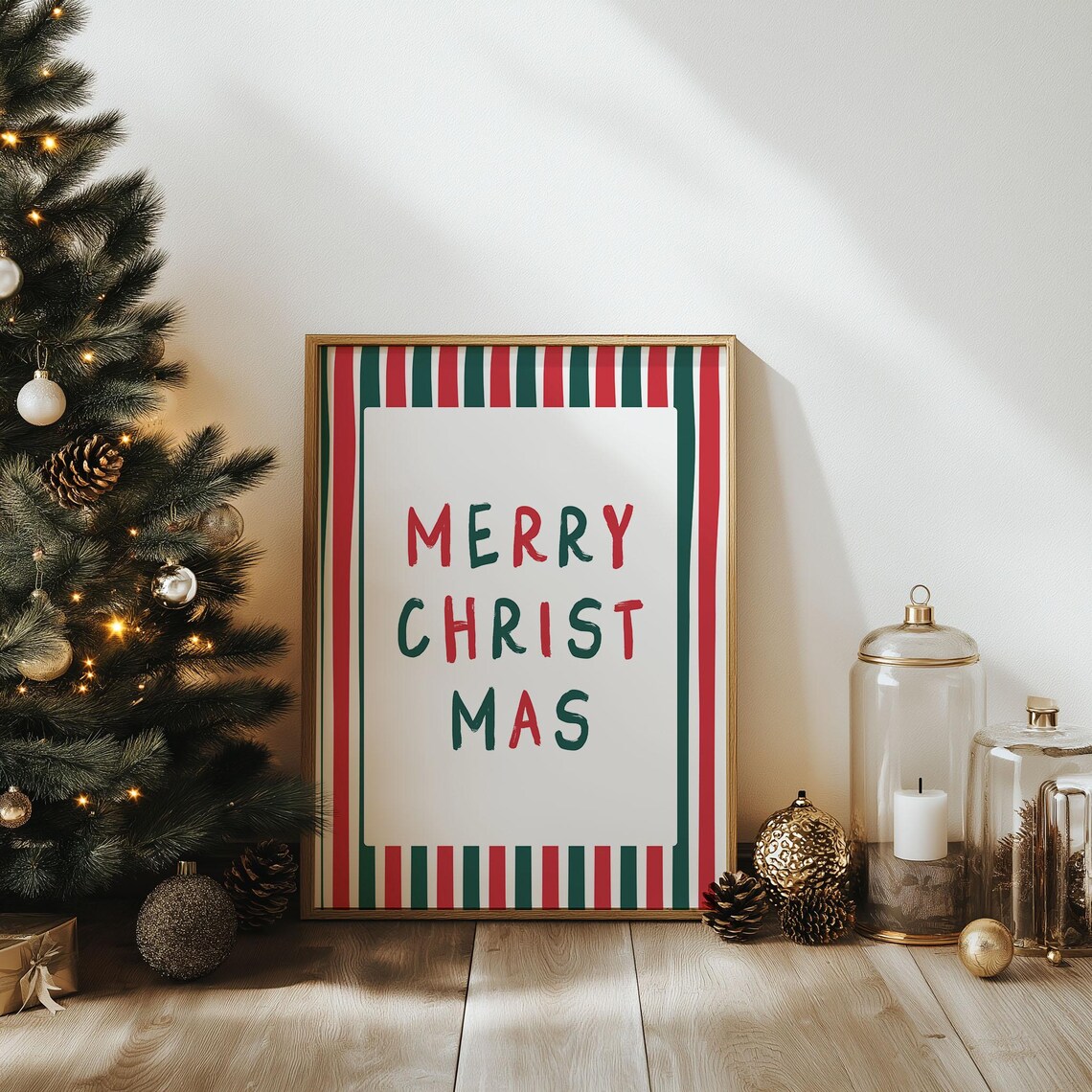Merry Christmas Red Green Striped Hand Lettered Holiday Poster