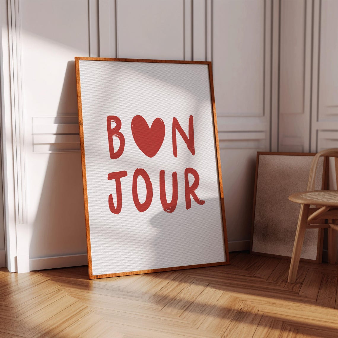 Bonjour Red Heart O French Word Hand Lettered Cute Decor Poster