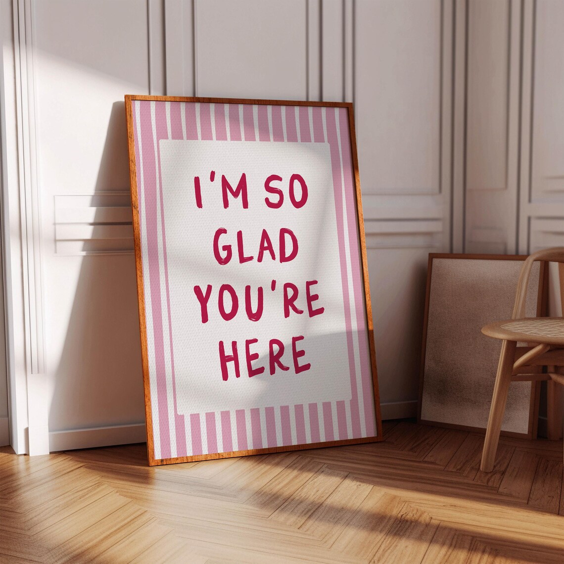 I'm So Glad You're Here Pink Stripe Typography Entryway Poster