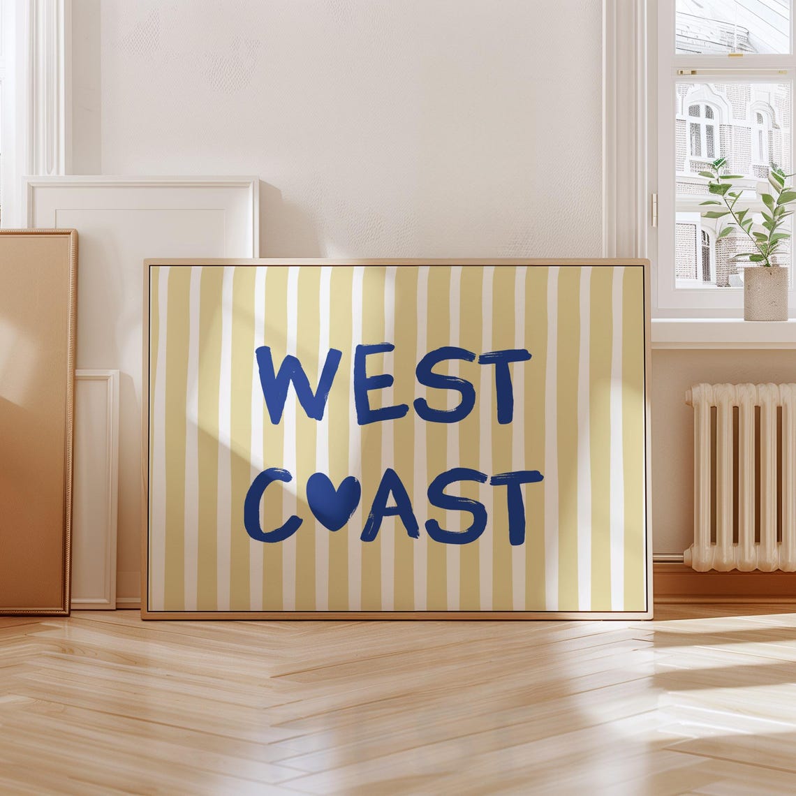 West Coast Heart Yellow Striped Typography Print Coastal Style