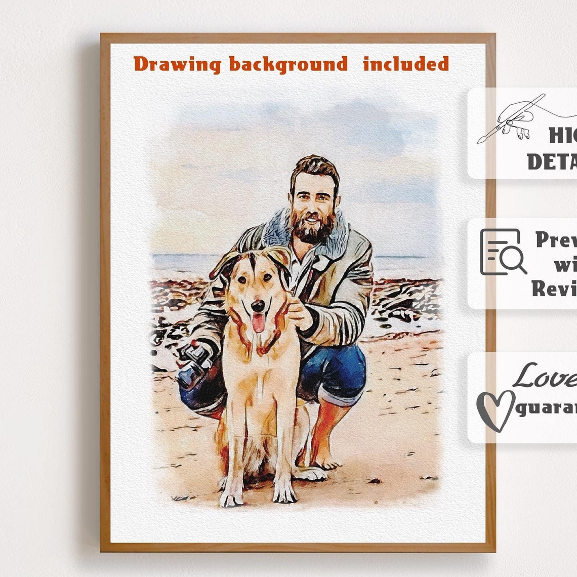Smiling Man with Golden Dog on the Sandy Beach Watercolor Pet Poster
