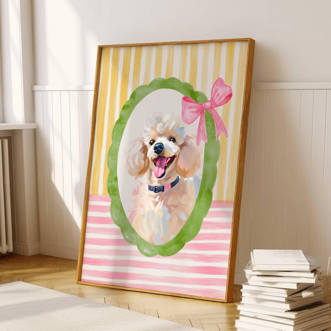 Happy Poodle Puppy with Pink Bow on Yellow Pink Stripes Poster