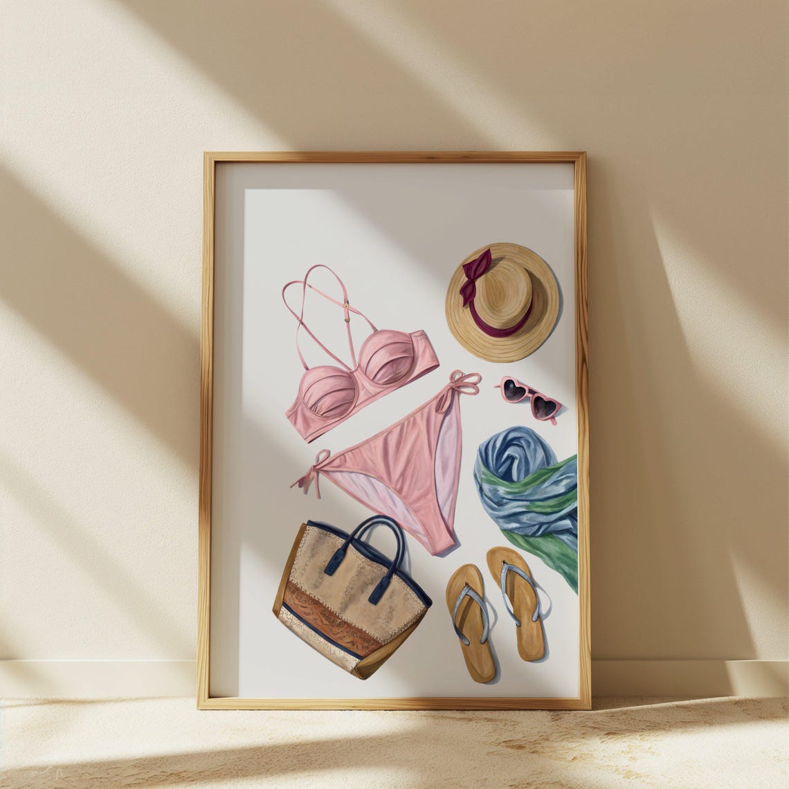 Pink Bikini Beach Day Flat Lay Summer Vacation Style Art Poster