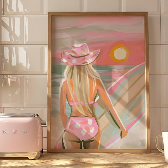 Blonde Coastal Cowgirl Surfer with Pink Cowboy Hat at Sunset Art Poster