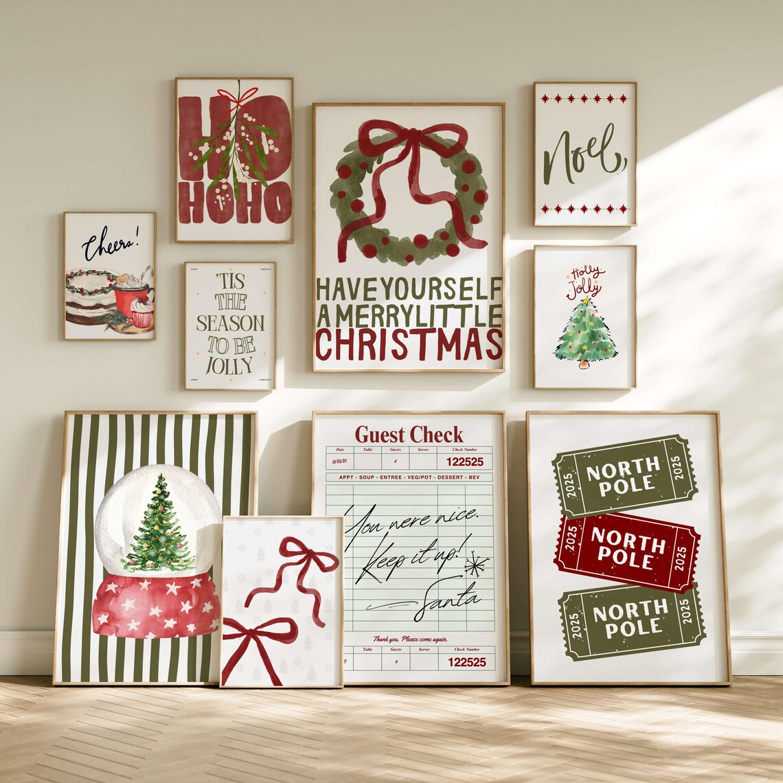 9 Piece Vintage Christmas Gallery Wall Set Holiday Quotes and Art Print
