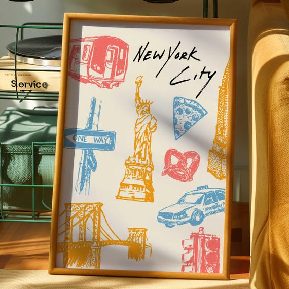 New York City Art Print, Colorful NYC Landmarks