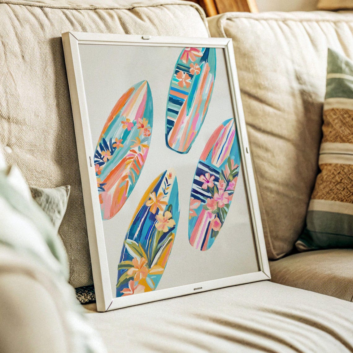 Colorful Floral Surfboard Set Tropical Beach House Summer Art Poster