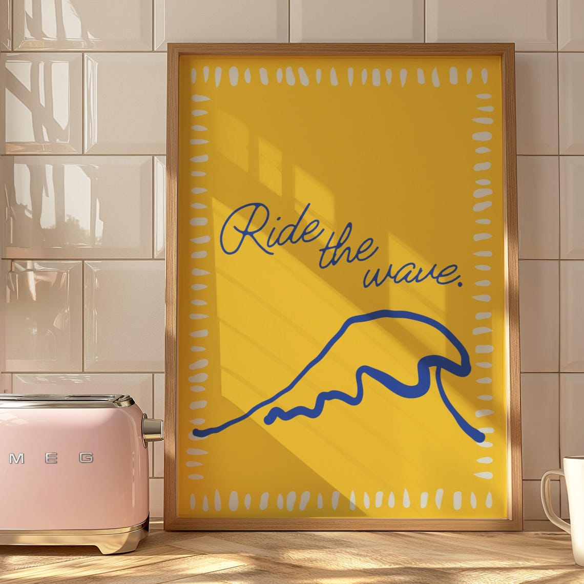 Ride the Wave Blue Ocean Wave on Yellow Motivational Wall Art