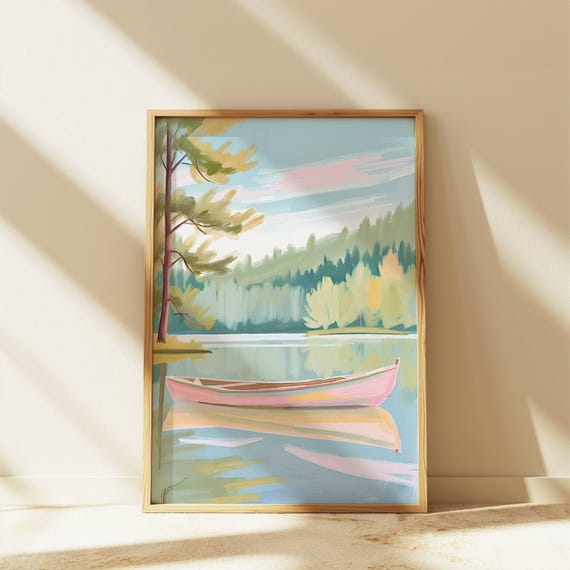 Rowboat Lake Painting, Pastel Coastal Art Print