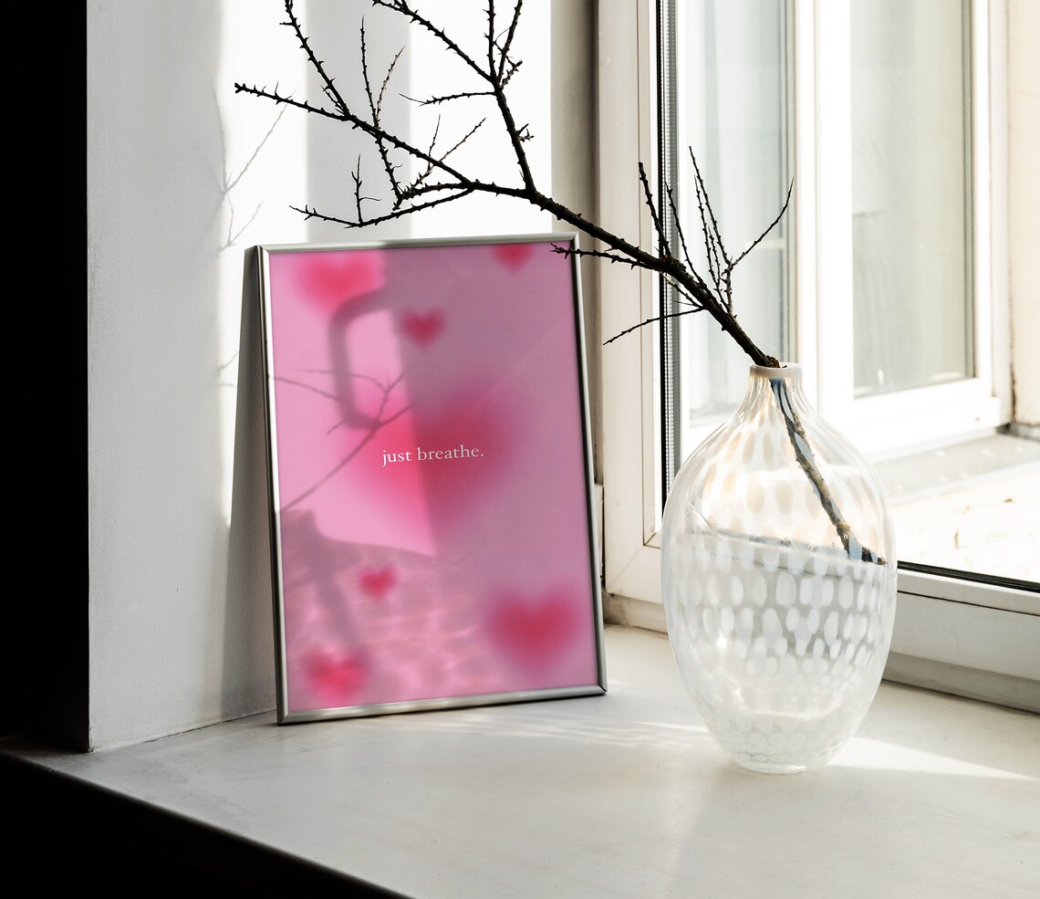 Just Breathe Pink Blurry Hearts Calming Wellness Decor Poster - Image 2