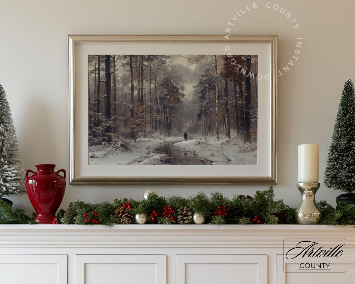 Snowy Winter Forest Path with Lone Walker Frozen Stream Poster - Image 5