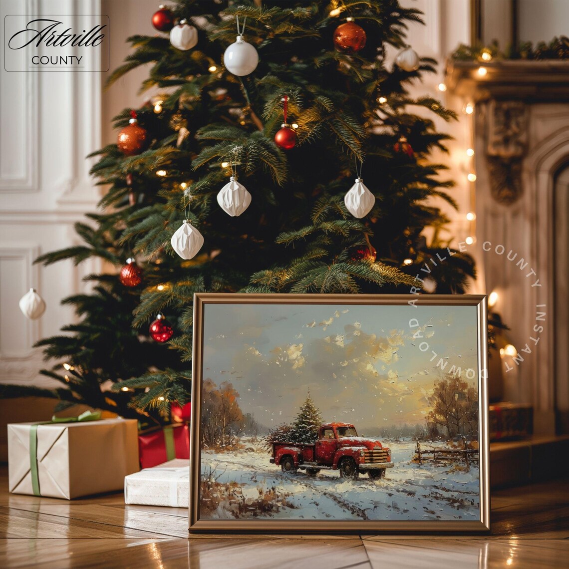 Red Vintage Pickup Truck Christmas Tree Snowy Sunset Farm Poster - Image 4