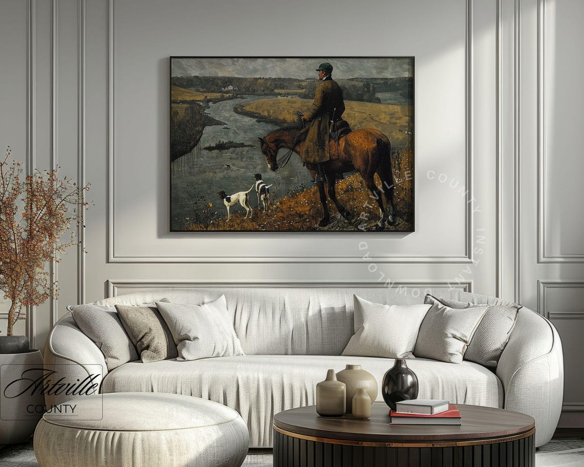 Horseback Rider Riverbend Hounds Vintage Hunting Landscape Poster - Image 2