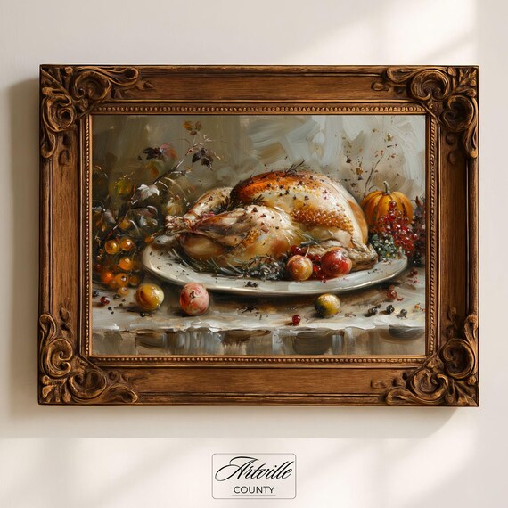 Thanksgiving Turkey Painting Vintage Holiday Dinner Wall Art Rustic Autumn Still Life Fall Kitchen Print
