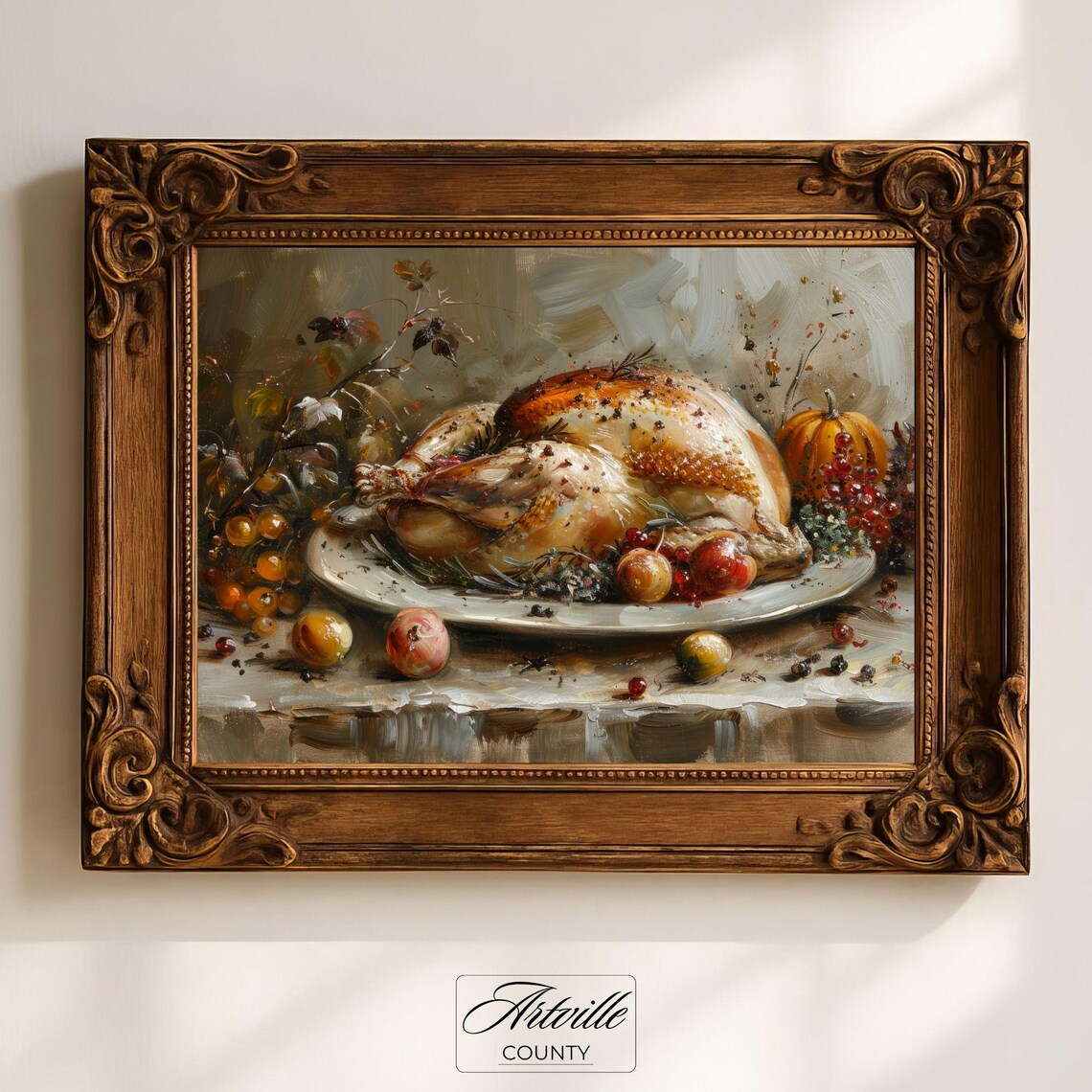 Thanksgiving Turkey Painting Vintage Holiday Dinner Wall Art Rustic Autumn Still Life Fall Kitchen Print