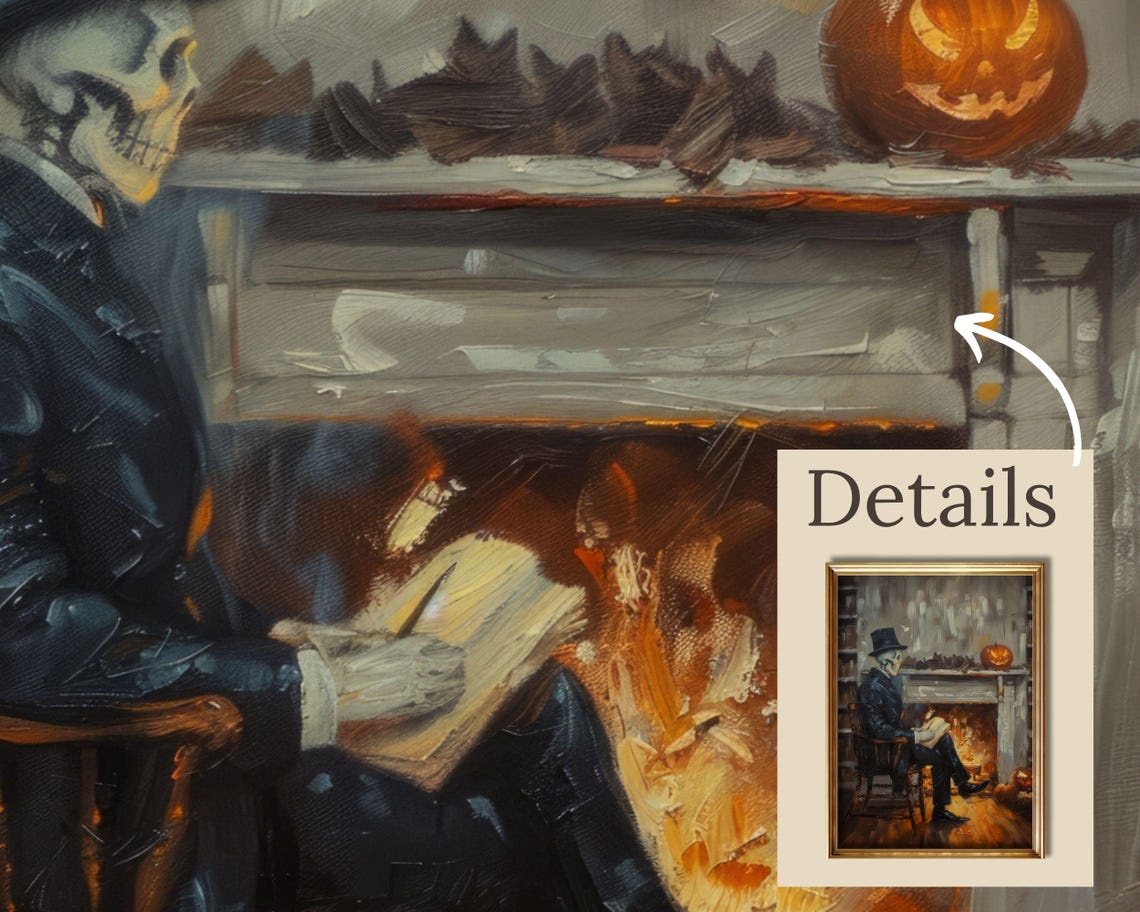Skeleton Gentleman Reading by Fireplace Halloween Gothic Poster - Image 2