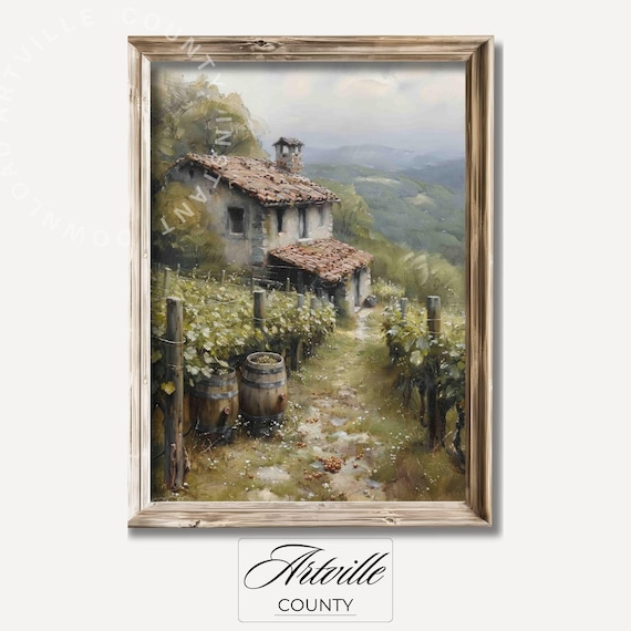 Old Stone Farmhouse With Vineyard Rows Countryside Wall Poster