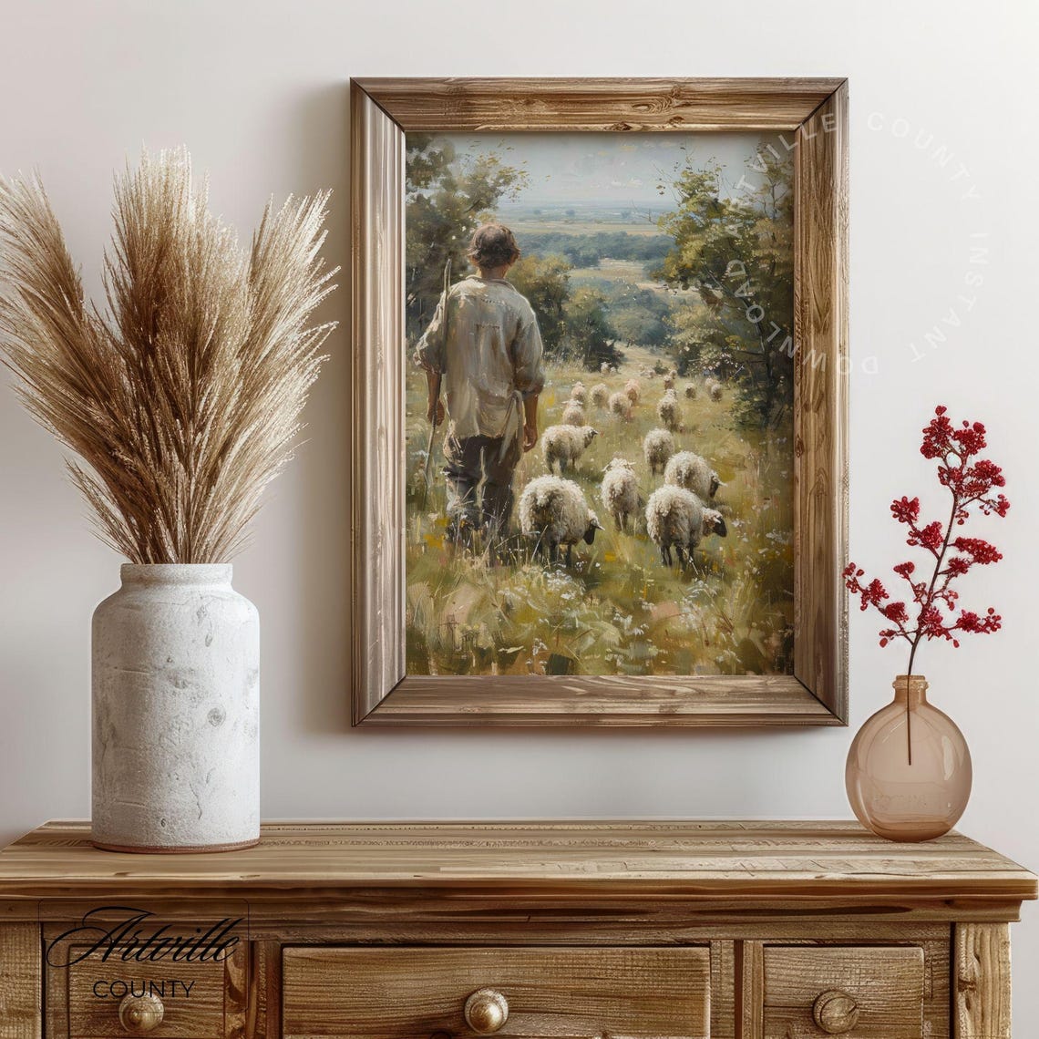 Shepherd Sheep Flock Hillside Vintage Pastoral Farmhouse Poster - Image 3