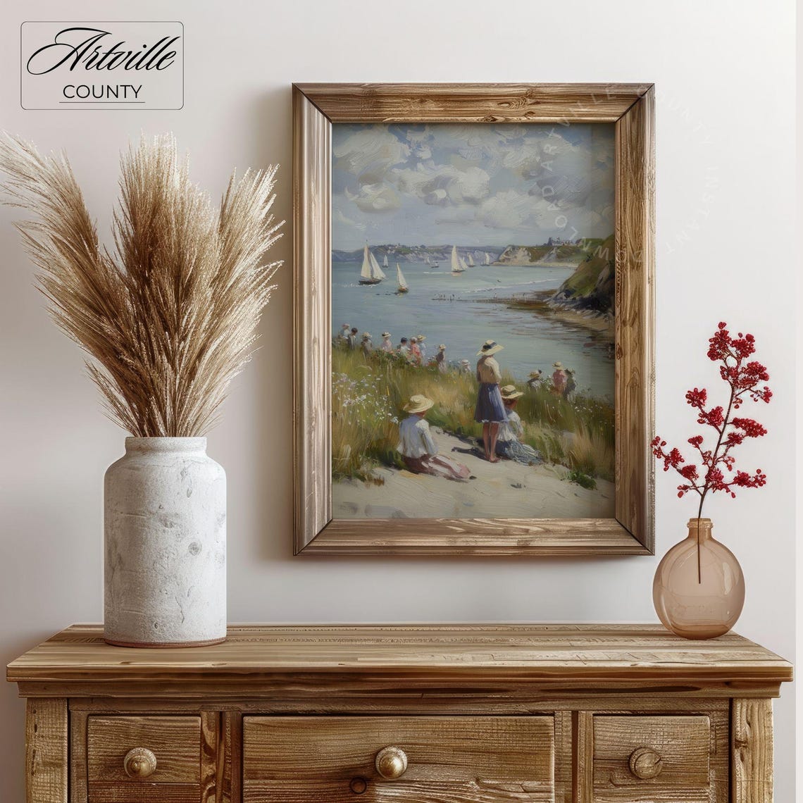 Vintage Regatta Sailboats Seaside Cliff Crowd Impressionist Poster - Image 3