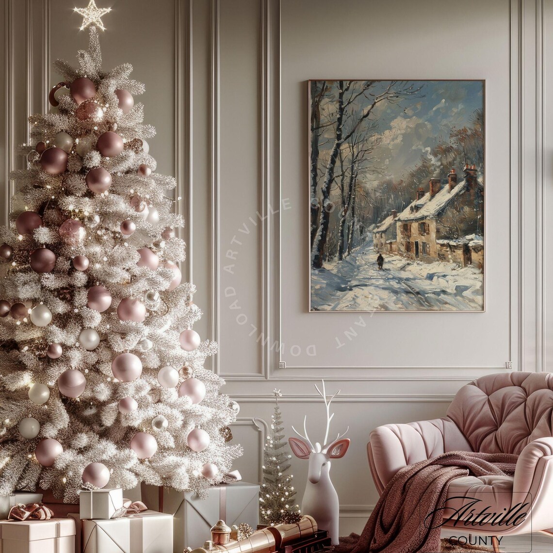 Snowy Winter Village Road Vintage Cottage Christmas Painting Poster - Image 2
