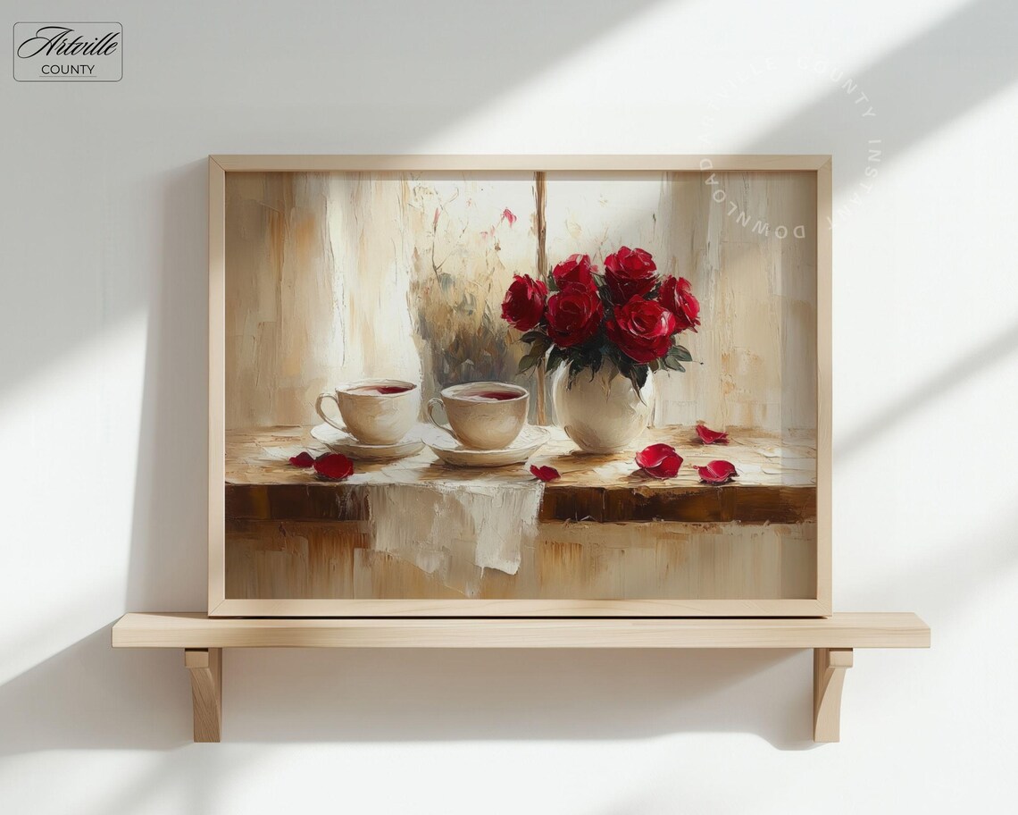 Roses And Teacup Vintage Painting Flower Wall Art Antique Rose Painting Farmhouse Still Life Beige Tone Print - Image 3