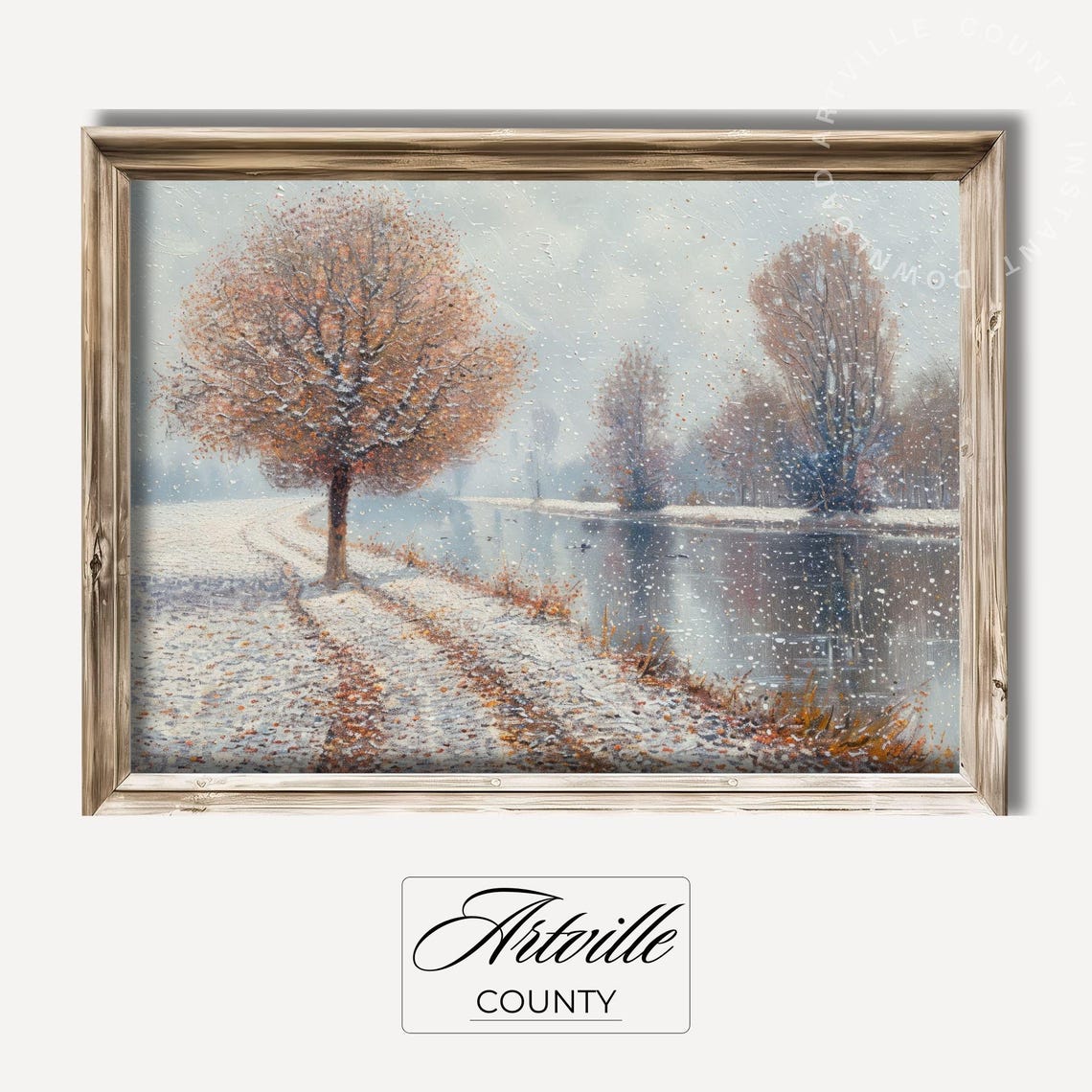 First Snow Dusting Autumn Trees River Mist Neutral Winter Scene Poster
