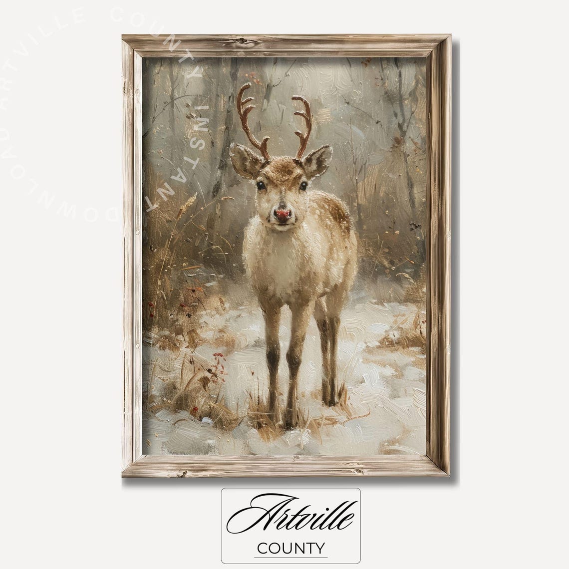 Young Reindeer With A Red Nose Standing In Snowy Woods Poster