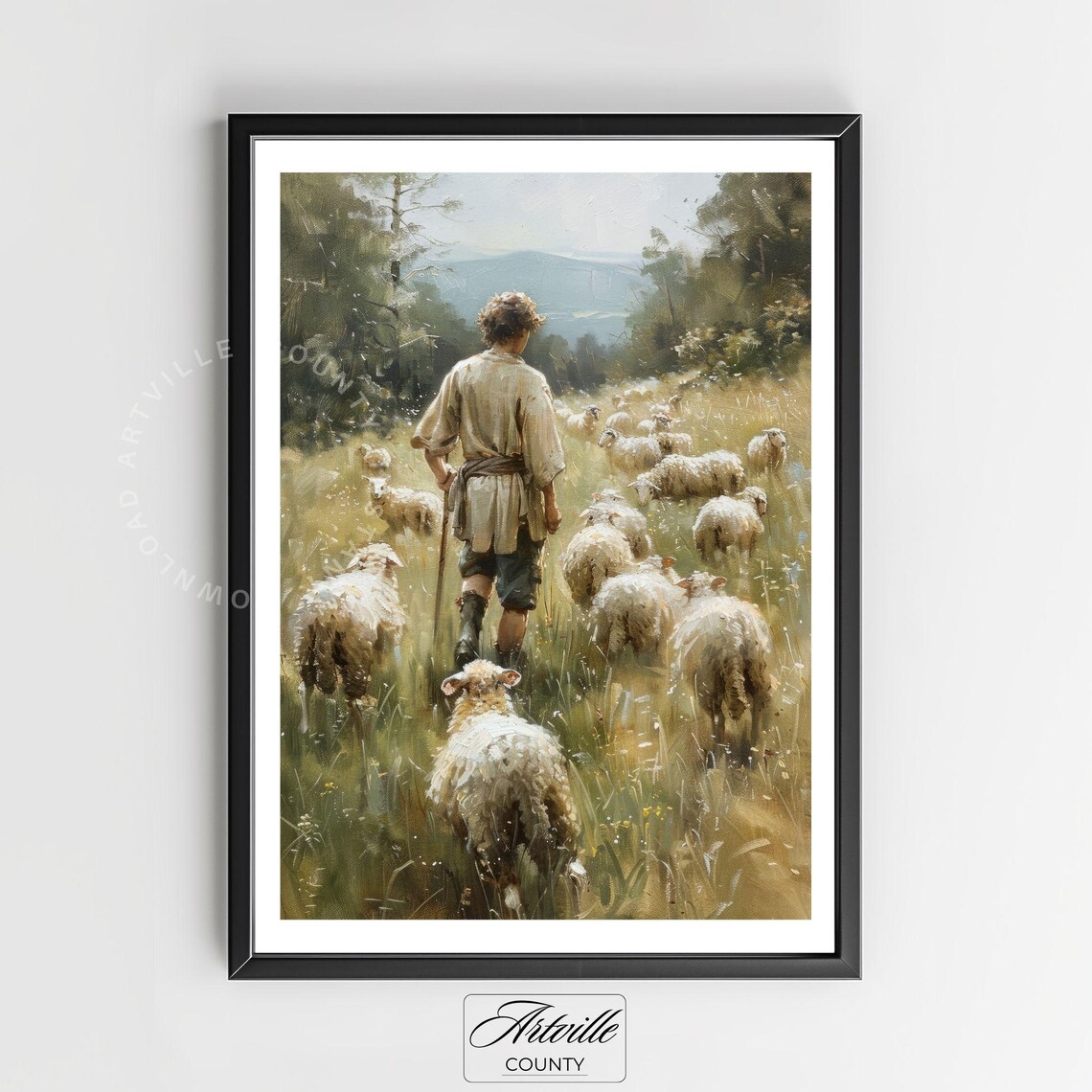 Shepherd With Sheep Vintage Oil Painting Art Print - Image 2
