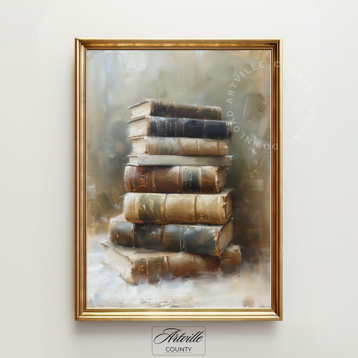 Vintage Books Oil Painting, Rustic Study Decor - Image 2