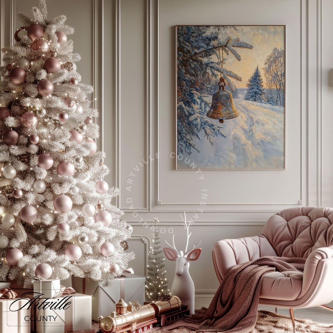 Antique Bell Hanging in Snowy Forest Sunset Christmas Poster - Image 4