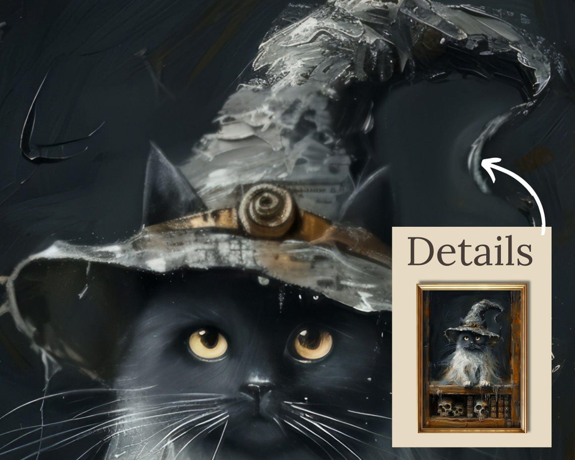Black Cat in Witch Hat on Spell Bookshelf Skull Halloween Poster - Image 2