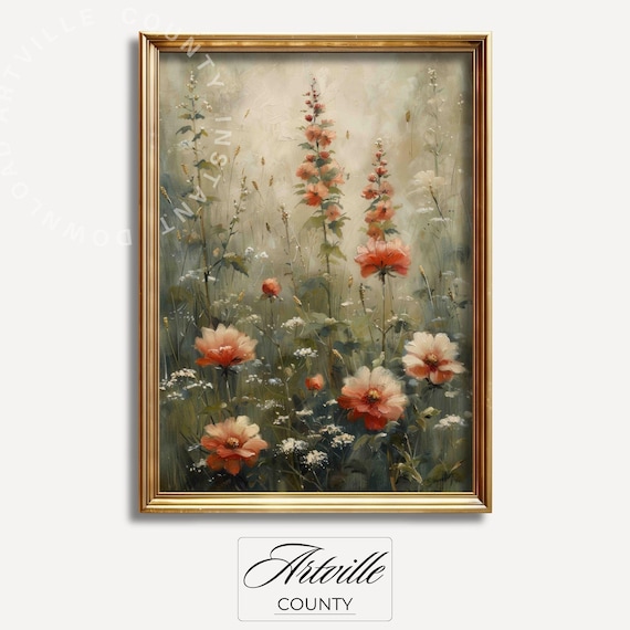 Vintage Botanical Art Print Neutral Tone Flowers Painting Floral Wall Farmhouse Decor Muted