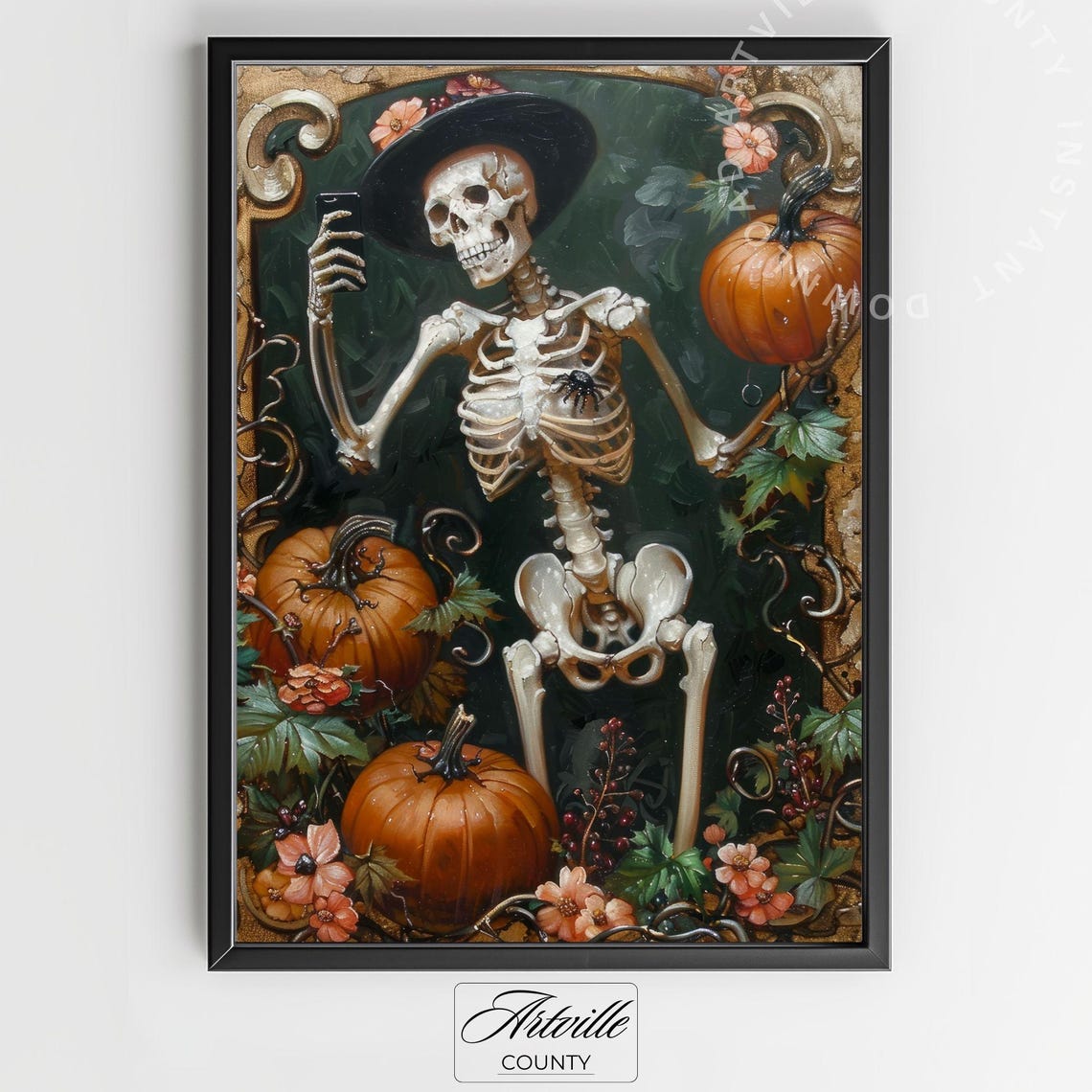 Skeleton Witch Taking Selfie Among Pumpkins Dark Floral Poster