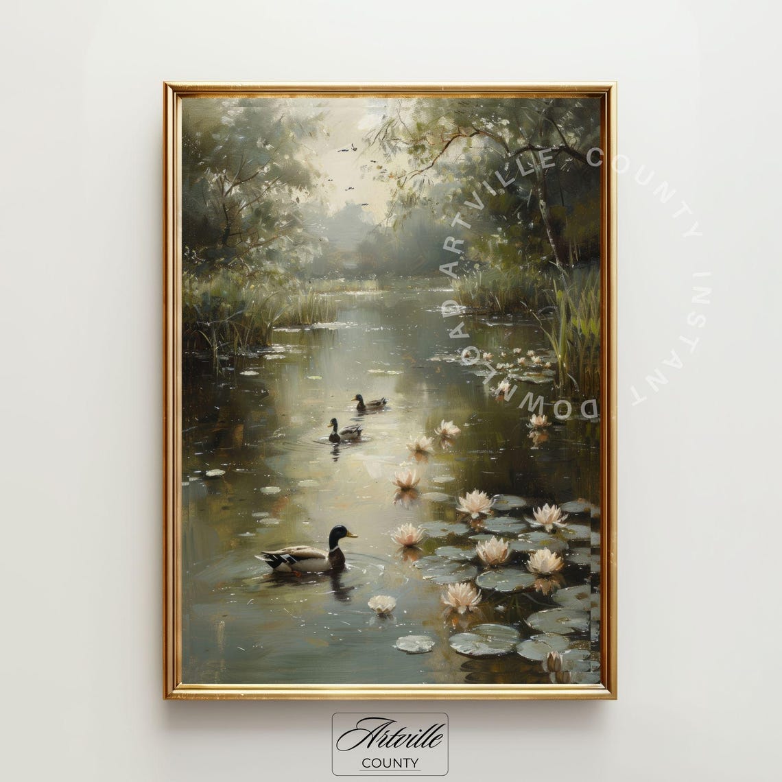 Ducks In Pond Painting Farmhouse Wall Art Vintage Landscape Oil Painting Calming Countryside Lake Print Art - Image 3