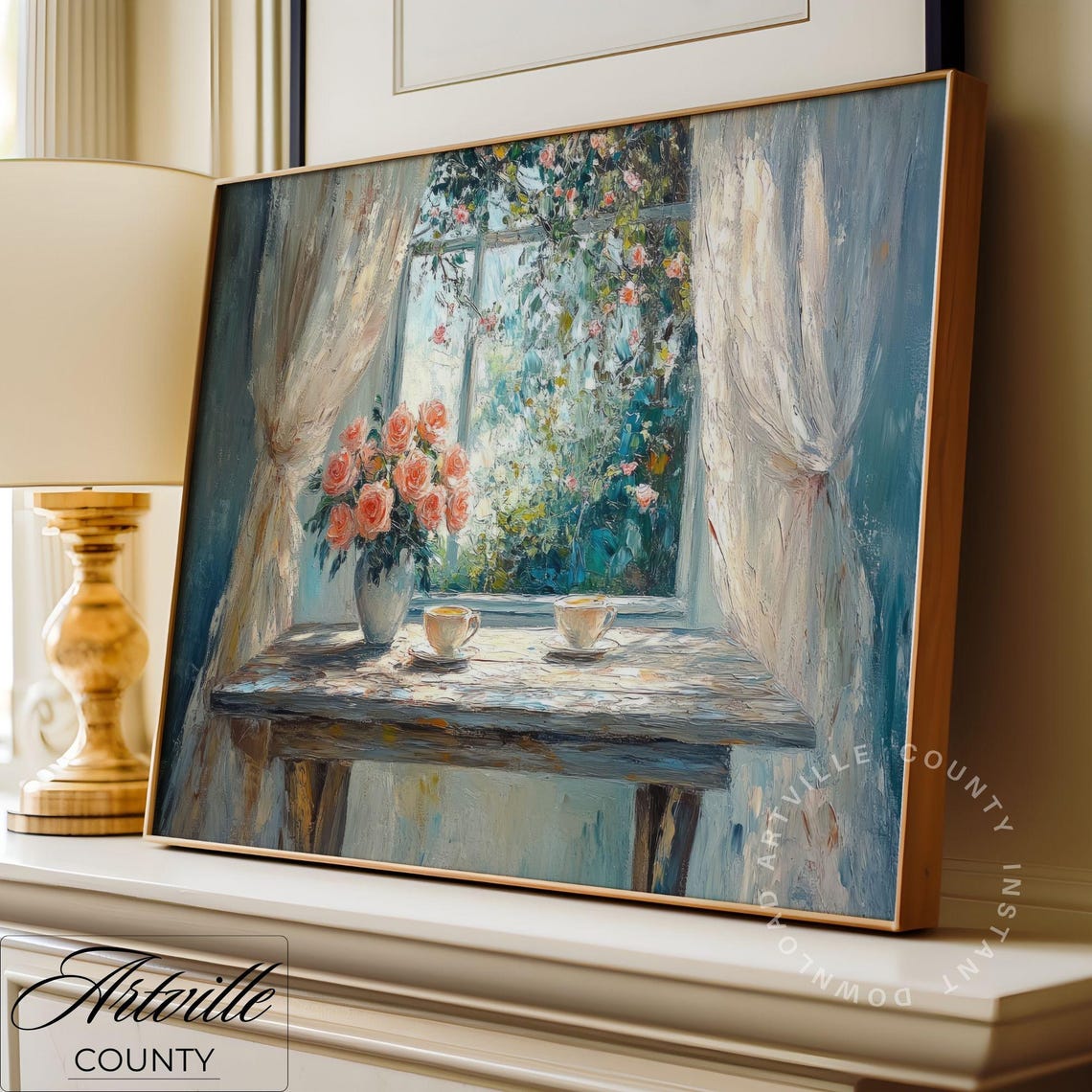 Pink Roses In Vase With Teacups On A Sunny Windowsill Poster - Image 2