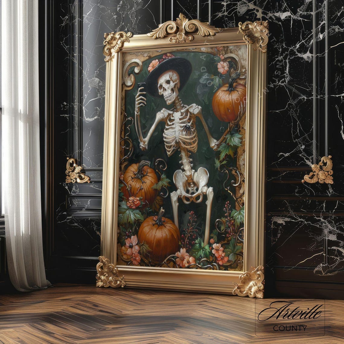 Skeleton Witch Taking Selfie Among Pumpkins Dark Floral Poster - Image 4
