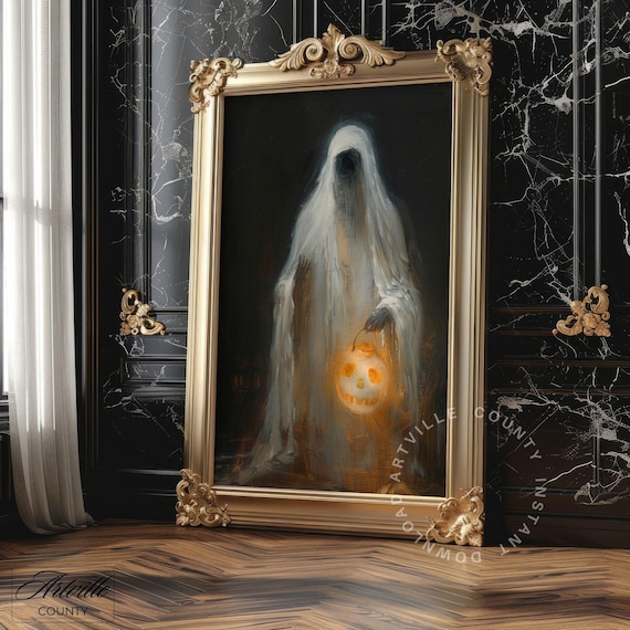 Haunted Ghost Holding Jack O Lantern Dark Gothic Halloween Painting Moody Wall Art