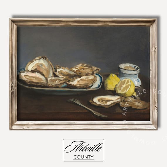 Vintage Oyster Still Life Print French Seafood Wall Art Rustic Kitchen Decor Lemon And Painting Antique Food