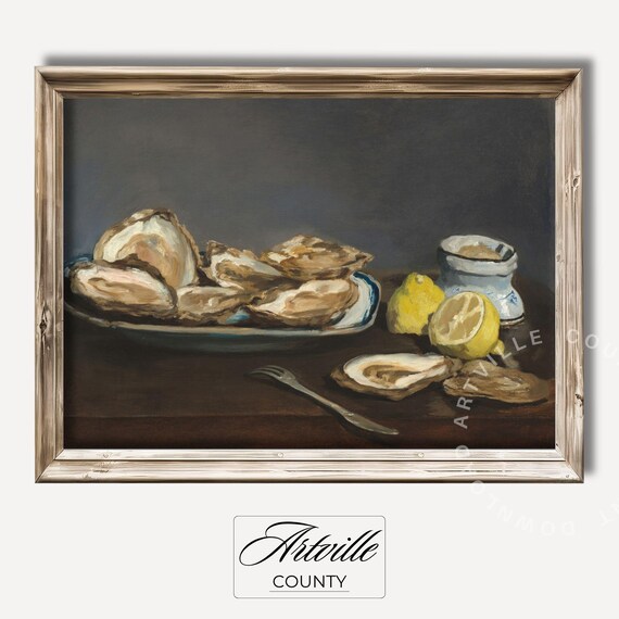 Vintage Oysters Lemon Still Life Classic Oil Painting Poster