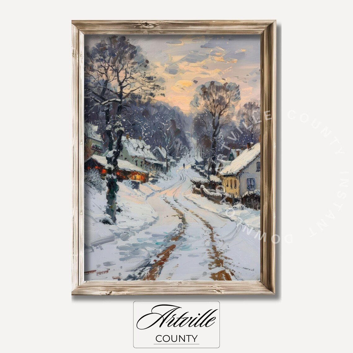 Snowy Village Street Winter Dusk Cottage Lights Oil Painting Poster