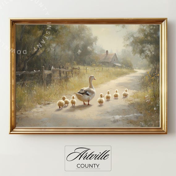 Duck With Ducklings Vintage Animal Art Print
